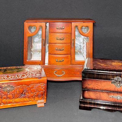 Trio of Exquisite Wooden Jewelry Boxes – Italian Inlay, Vintage Carved, & Heart Window Chest