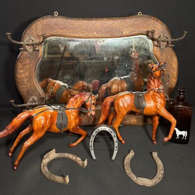 Vintage Western & Equestrian Decor Lot – Oak Mirror, Leather Horses, Horseshoe Holder