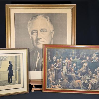 Three Historical Figure Prints – Featuring FDR, Henry Clay Silhouette, and 18th-Century Coffee House
