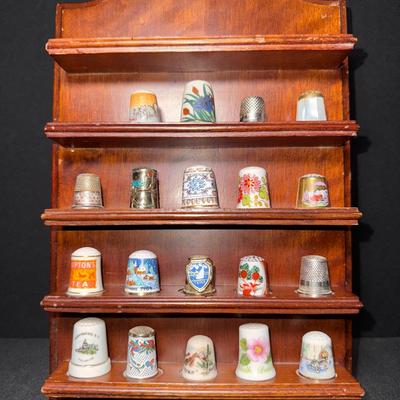 Vintage Wooden Wall-Hanging Thimble Holder with 19 Collectible Thimbles! 