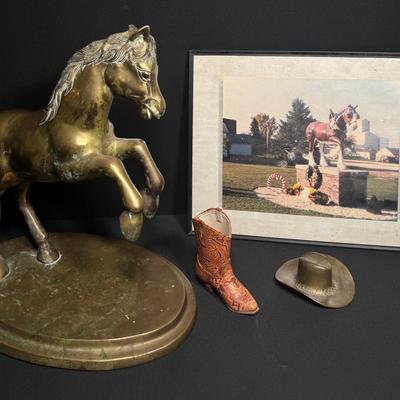 Vintage Equestrian Décor Lot – Solid Brass Horse Statue and Hat