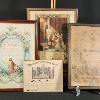 4 Vintage Religious Certificates - Confirmation, Marriage, and Purgatorial Society