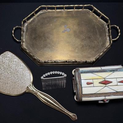 Vintage Brass & Bone Vanity Set with Hand Mirror, Jewelry Box, and Hair Comb!
