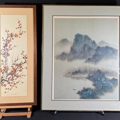 Exquisite Pair of Framed Asian Watercolor Prints: David Lee's "Return Sail" & Ho-Chu's Cherry Blossom