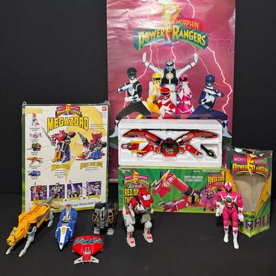 Mighty Morphin Power Rangers Zord Lot + Vintage Poster – Red Dragon Thunderzord, Deluxe Megazord