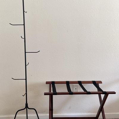 Metal Hanging Basket Rack (1) & Wood Luggage Rack (1)