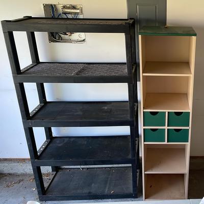 Plastic (1) & Wooden (1) Shelving Units