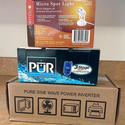 Micro Spotlight (1) PUR Water Filtration System (1) Pure Sine Wave Power Inverter (1)