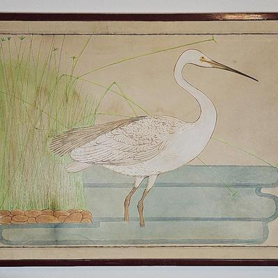 Egret Painting On Stretched Leather Panel