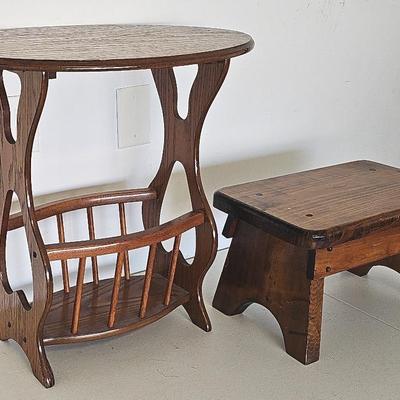 Oval Magazine Rack Wooden Side Table (1) + Chunky Wooden Stool (1)