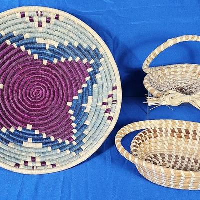 Hand Woven 'Sweetgrass' Baskets (2) + Hand Woven 'Coil' Basket (1)
