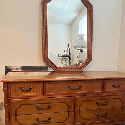 Faux Bamboo Seven Drawer Dresser With Matching Mirror 