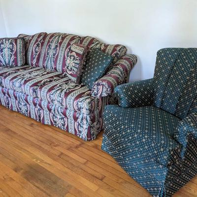 Burgundy/Green Sofa And Chair 