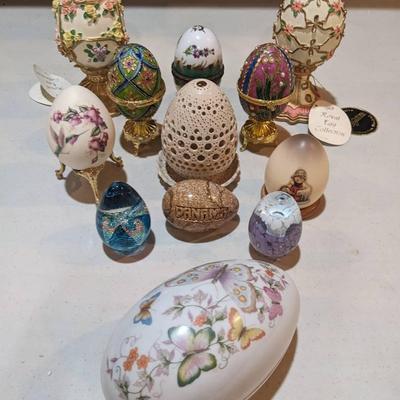Glass, Musical, And Wooden Decorative Eggs 