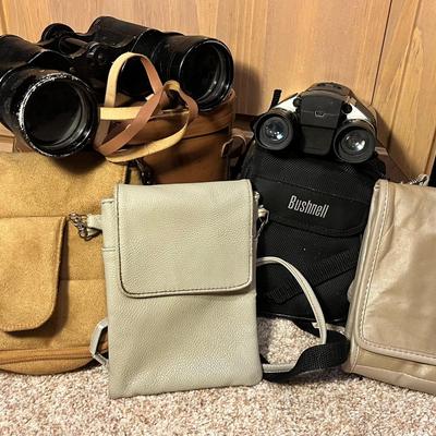 Bushnell Optics & Vintage Hurricane Binoculars in Leather Case & Travelon Cases