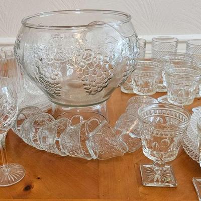 Fostoria Plates, Depression Creamer, Punchbowl & Cups & More