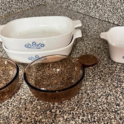CorningWare Blue Cornflower Casserole Dishes & Vision Amber Glass Bowls