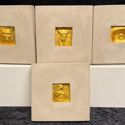 Set of 4 Cast Concrete Sculpture Gold Gild Relief Wall Art Images Signed MarCo