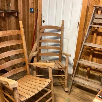 Set of 2 Rustic Wood Rocking Chairs and Vintage Wooden Ladder