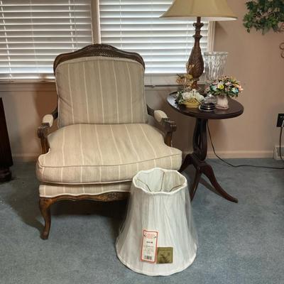 Upholstered Armchair, Side Table with Lamp, and New Lamp Shade