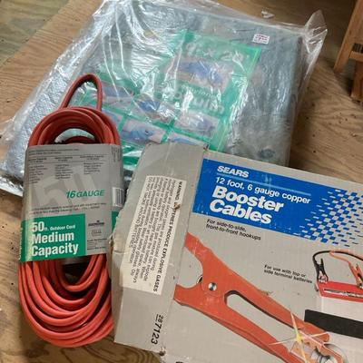 50 ft Outdoor Extension Cord, Booster Cables, and Tarps