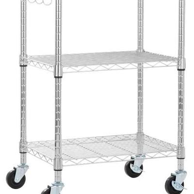 Amazon Basics microwave cart on wheels, wood & Chrome.