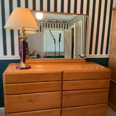 Russell Wright, Stardust, eight drawer dresser with mirror,Touch Lamp 