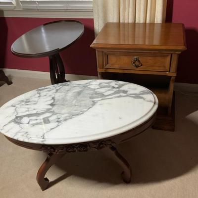 Marble Top Table, Tilt-Top Table, and Nightstand