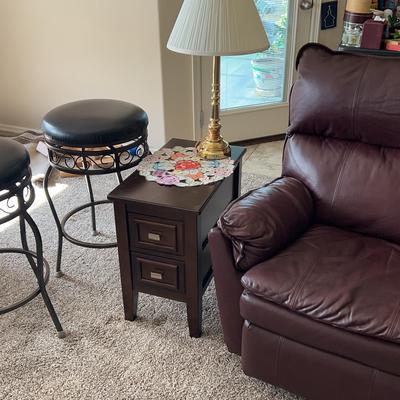 Recliner Chair, End Table, Two Bar Stools, and Lamp