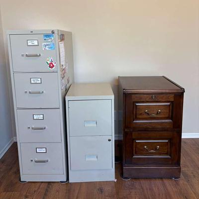 2 Metal Filing Cabinets and 1 Wood Filing Cabinet