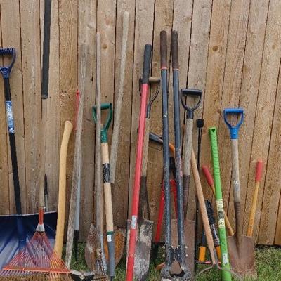 Mystery Collection Of Shovels, Rakes, Jack stands