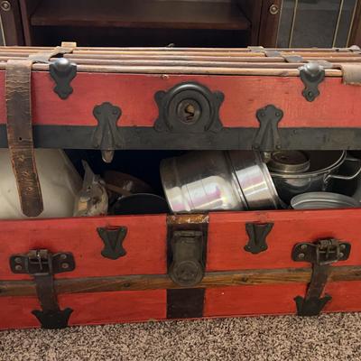 Red And Brass Trunk Filled With Camping And Kitchen Items