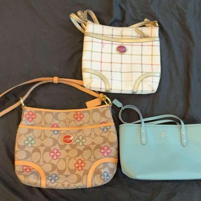 3 Coach Handbags – Teal, Flower Pattern, and White Pattern