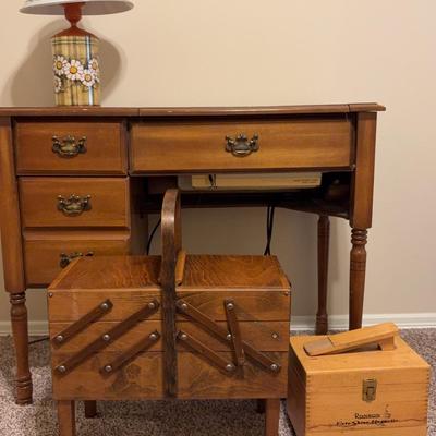 Vintage Sewing Table With Sewing Machine, Vintage Shoe Shine Box, Vintage Foldout Sewing Box, Lamp