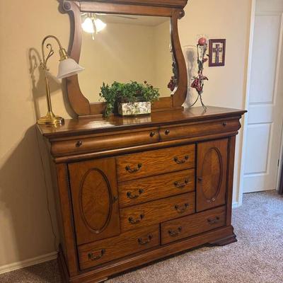 Wood Dresser with Mirror and Lamp
