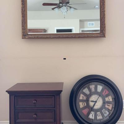 Hanging Mirror, Chest of Drawers, and Large Wall Clock
