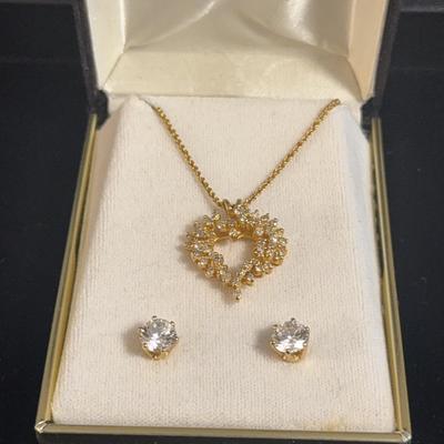 14K Gold Necklace And Heart Charm Plus Earrings 
