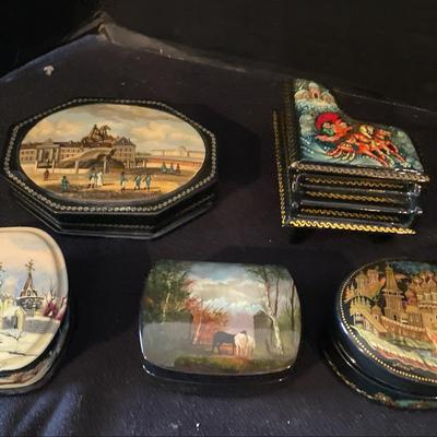 Five Small Russian Lacquered Wood Boxes