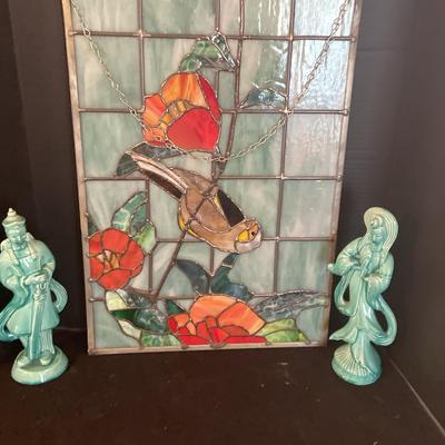 Stained Glass Hanging Decor And Two Asian Ceramic Figures