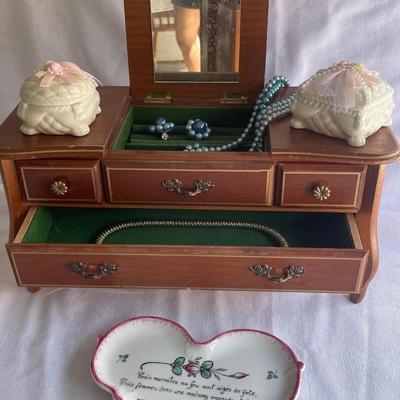 Vintage Ivory Colored Trinket Boxes, Jewelry Dish, Jewelry Box W/ Costume Jewelry 