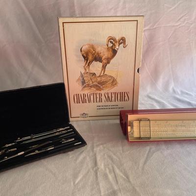 Antique Präcísion Drafting Set, Character Sketches Book & Vintage Frederick Post Co. Slide Rule 