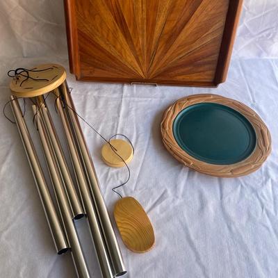 Wind Chime, Wooden Platter From The Philippines, Vintage Cat Tail Edge Plate
