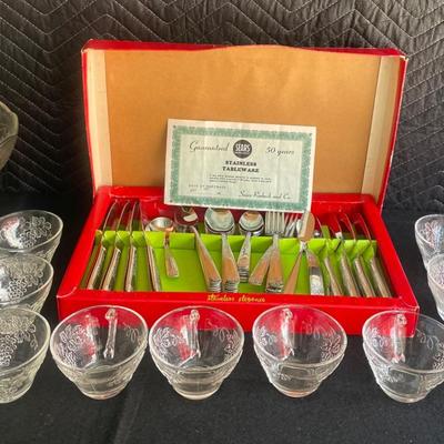 Rose Stainless Flatware, Vintage Indiana Glass Punchbowl, Vintage Crystal Cut Starburst & Glasses