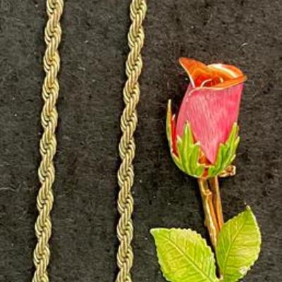 24k GB Gold Chain 21.2g & Vintage Rose Pin Giovanni Brooch 