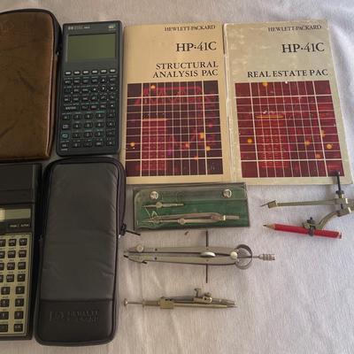 HP 41cx Calculator, HP 48gx Calculator & Vintage Compass Drawing Tools 