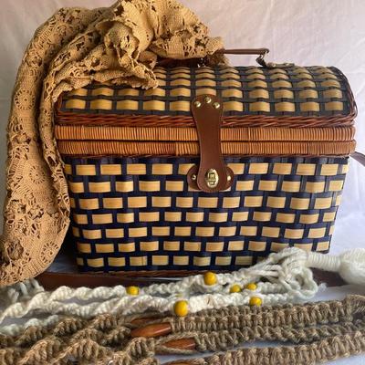 Wicker Picnic Basket (Rattan), Vintage Macrame Plant Hangers, Vintage Lace Throw 