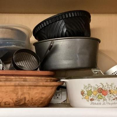 Assorted pans corningware and baskets