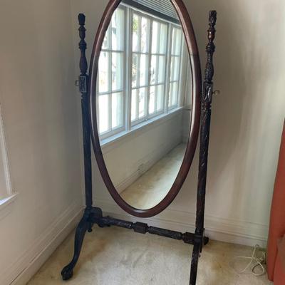 Oval Shaving Mirror with Carved Wood Frame and Adjustable Stand