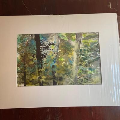 Abstract Mixed Media Artwork Featuring Tree Motif in Matte Frame