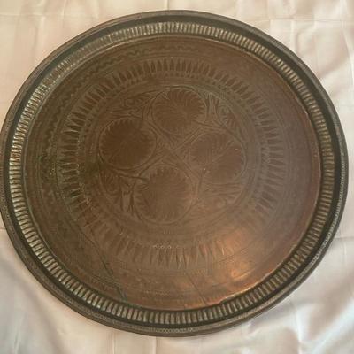 Round Etched Copper Serving Tray with Floral Motif and Ribbed Edges
